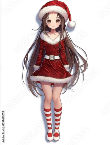 girl dressed in a cheerful Christmas costume, standing in a cute and joyful pose, isolated on a solid white background. She wears a cozy red Santa hat with a fluffy white pompom,  photo