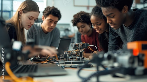 A diverse group of college students collaborates on a robotics project in a campus lab during their evening study session