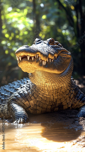 A massive crocodile basking on the riverbank in the jungle, its rough skin and powerful jaws highlighted by the dappled sunlight, exuding primal power.