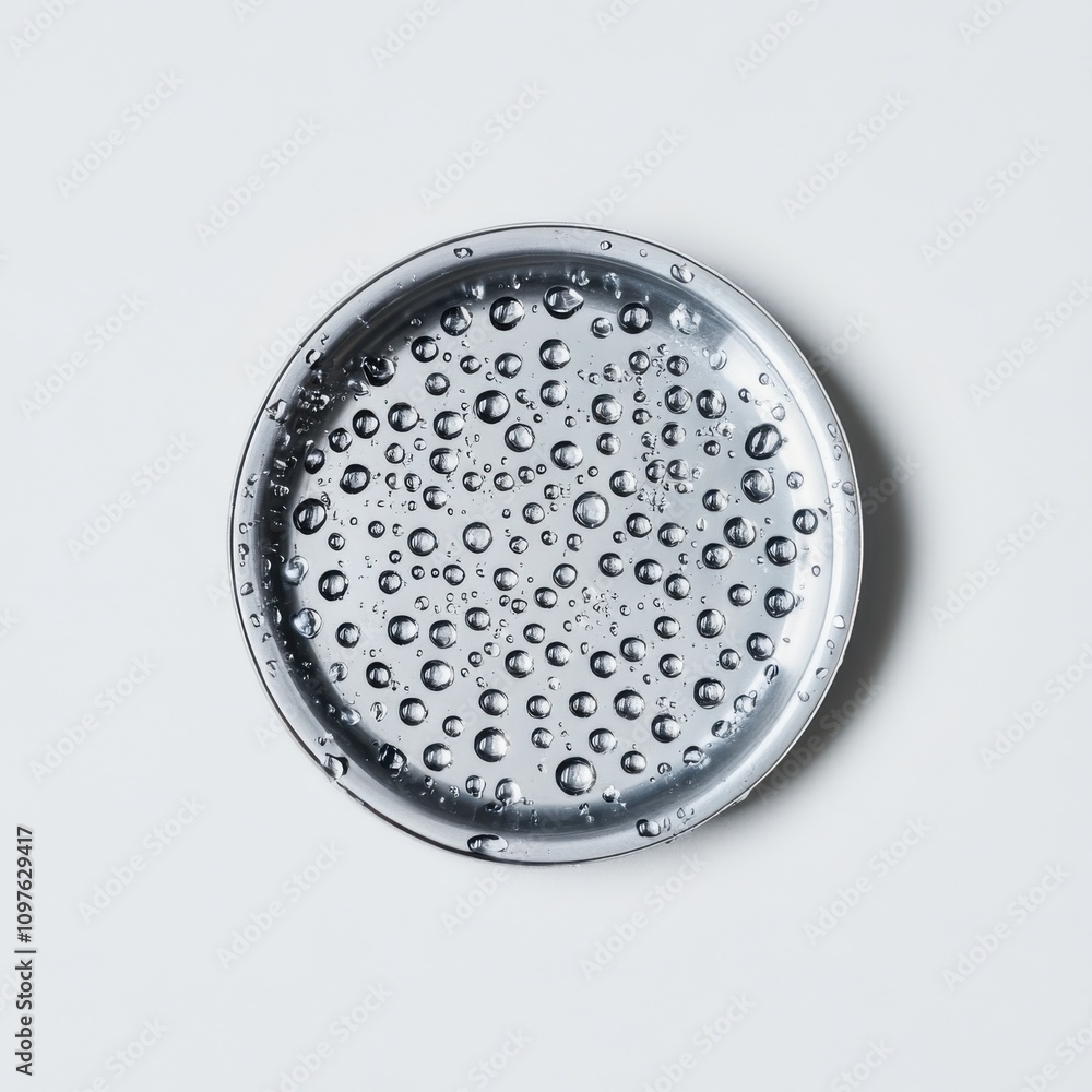 Close-up of a stainless steel drain covered in water droplets in a clean bathroom setting Close-up of a stainless steel drain covered in water droplets in a clean bathroom setting
