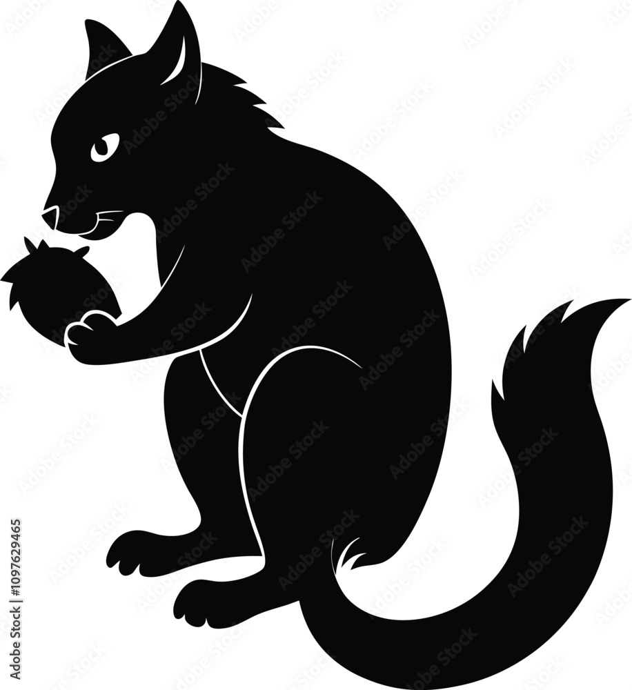 Naklejka premium Heraldic Black Squirrel Holding Acorn Vector Illustration: Medieval Animal Symbol, Silhouette Graphic, Crest Design Element