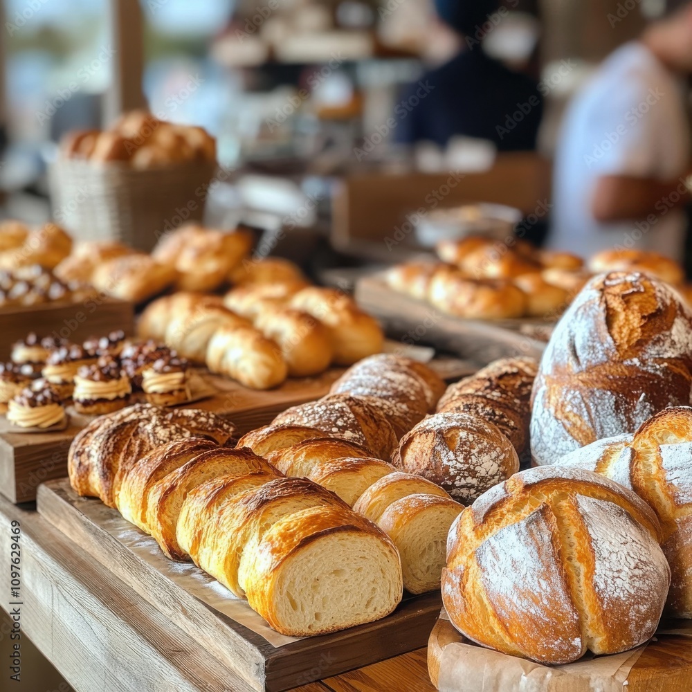Freshly baked artisan breads and pastries displayed attractively in a bakery during the morning rush hour Freshly baked artisan breads and pastries displayed attractively in a bakery during the morning rush hour