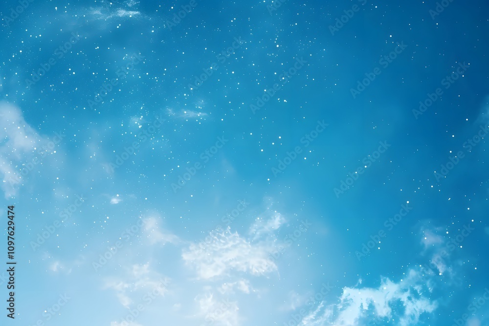 A serene blue sky filled with soft clouds and twinkling stars. A serene blue sky filled with soft clouds and twinkling stars.