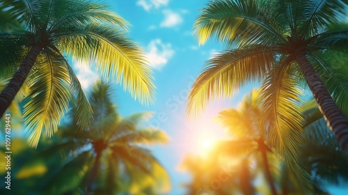tropical palm leaves background with sunlight view