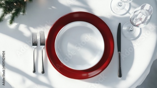 From above red holiday place setting with empty menu on white tablecloth : Generative AI