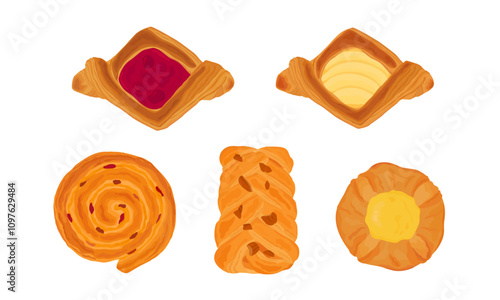 Set of various danish pastry. Hand drawn vector illustration. Cherry, custard, pecan, raisin.