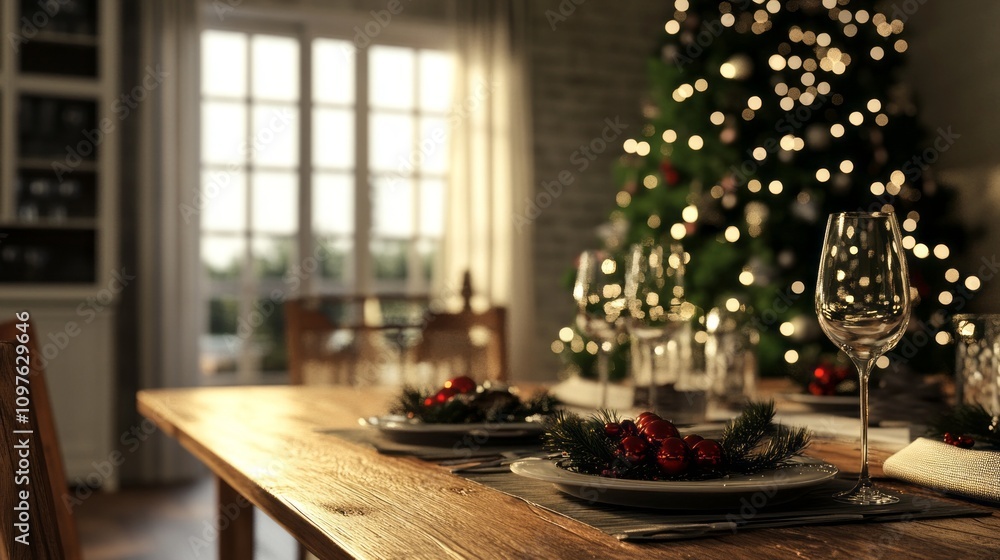 A Christmas tree is lit up with lights and a table is set with a plate of food A Christmas tree is lit up with lights and a table is set with a plate of food