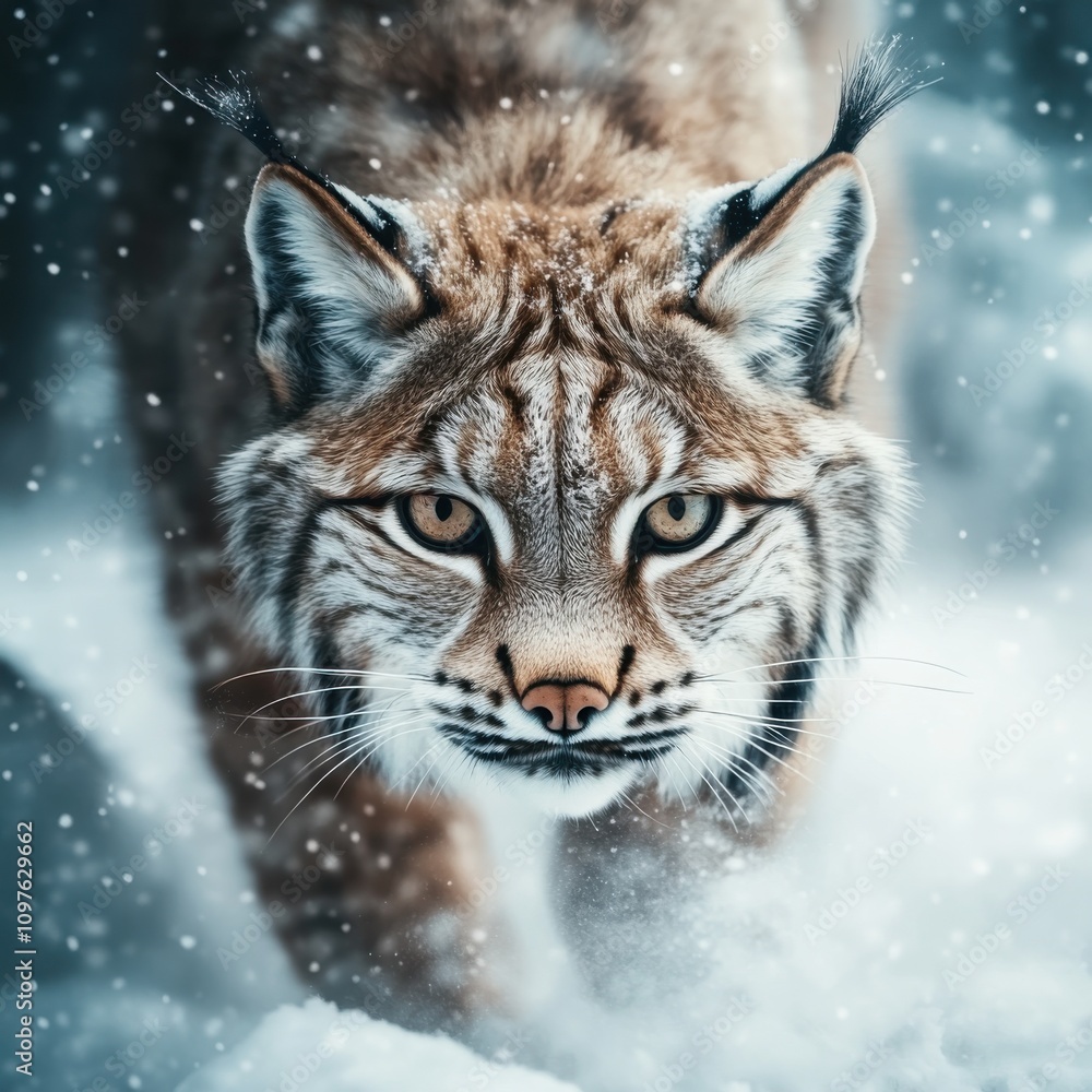 Obraz premium A lynx prowls through the snowy landscape, showcasing its striking features and keen hunting instincts in a winter wonderland