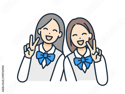 ピースサインをする女子高生。クラスメイトと明るく笑う女の子のベクターイラスト素材。
