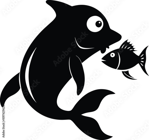 Cartoon Dolphin Eating Fish Black and White Vector Illustration - Marine Life, Sea Animals, Graphic Design, Silhouette Art