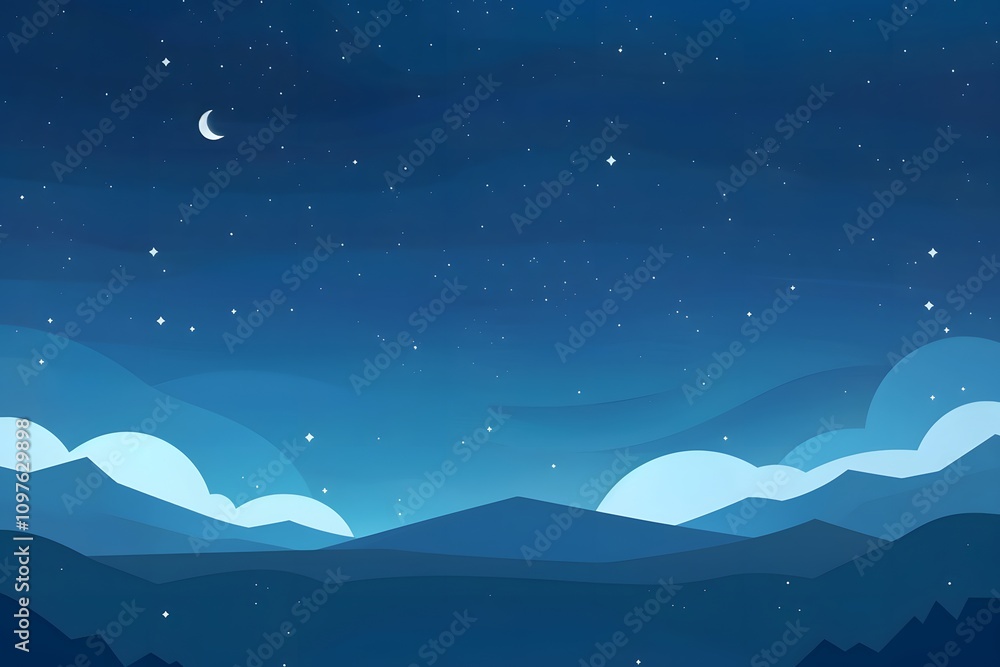A serene night sky with mountains, stars, and a crescent moon. Ideal for calming visuals. A serene night sky with mountains, stars, and a crescent moon. Ideal for calming visuals.