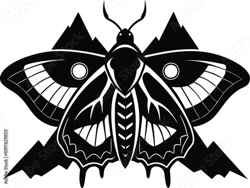 Moth Tattoo Design: Black and White Graphic Illustration of Moth with Mountain Silhouette, Nature Insect Art Print, Vector Image