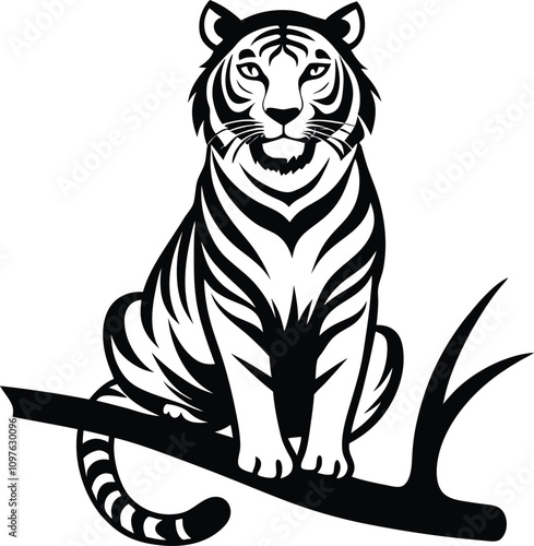 Black and White Tiger Illustration: Striking Vector Graphic of a Tiger Sitting on a Branch, Wildlife Art, Animal Clipart, Detailed Design