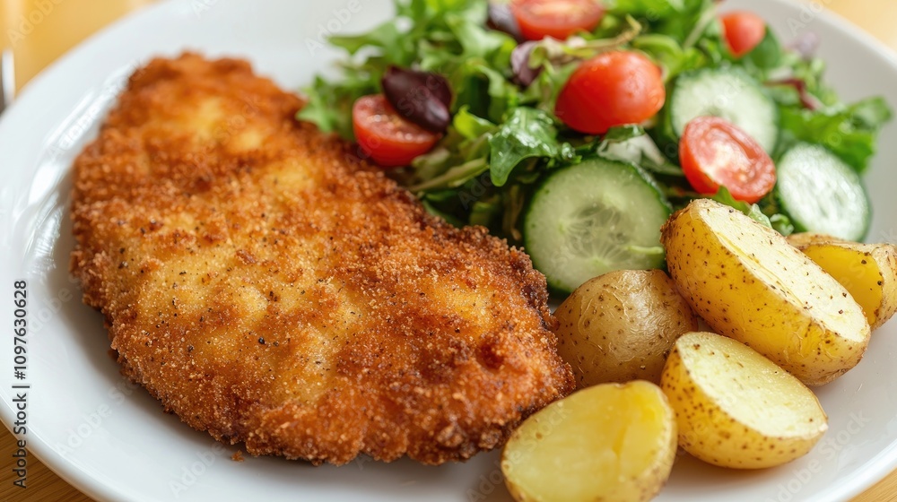 A dish of Schnitzel Milanese made from beef tenderloin, accompanied by fresh potatoes and a side salad, served on a light-colored table. A dish of Schnitzel Milanese made from beef tenderloin, accompanied by fresh potatoes and a side salad, served on a light-colored table.