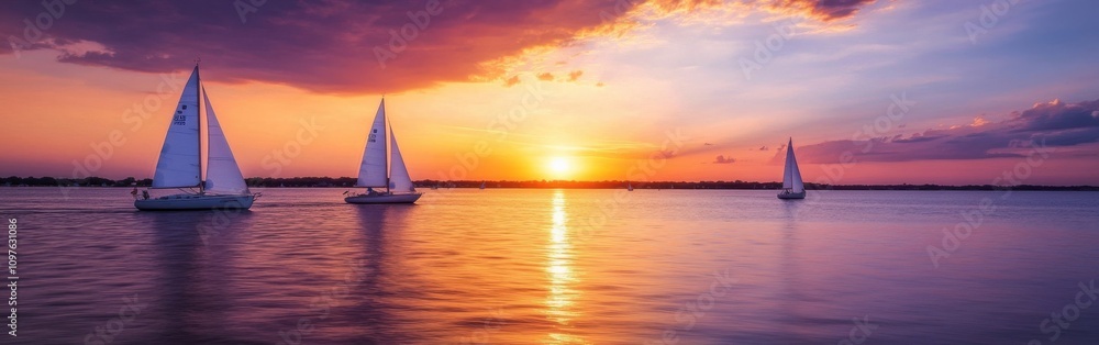 Sailboats glide across the tranquil waters of Chesapeake Bay during a vibrant sunset Sailboats glide across the tranquil waters of Chesapeake Bay during a vibrant sunset