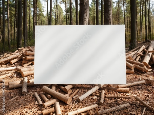 Blank canvas on an easel in a forest setting with wood logs, ready for creative artwork photo