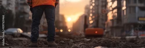 The photo captures a solitary construction worker standing on a city street at sunset, showcasing the contrast between the quiet presence and bustling urban life.