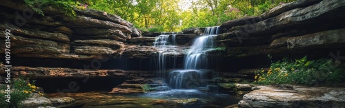 Discover the serene beauty of cascading waterfalls surrounded by lush greenery in a tranquil forest setting