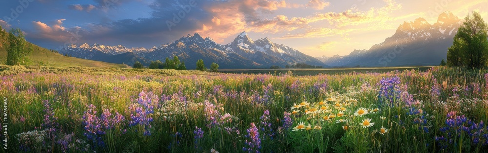Obraz premium A vibrant display of wildflowers in Teton Valley under a golden sunset with majestic mountains in the background