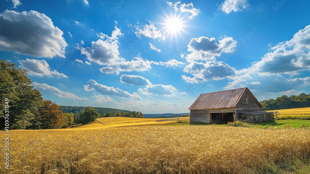 Golden wheat fields under a bright sun and blue skies in Lancaster County during harvest season Golden wheat fields under a bright sun and blue skies in Lancaster County during harvest season