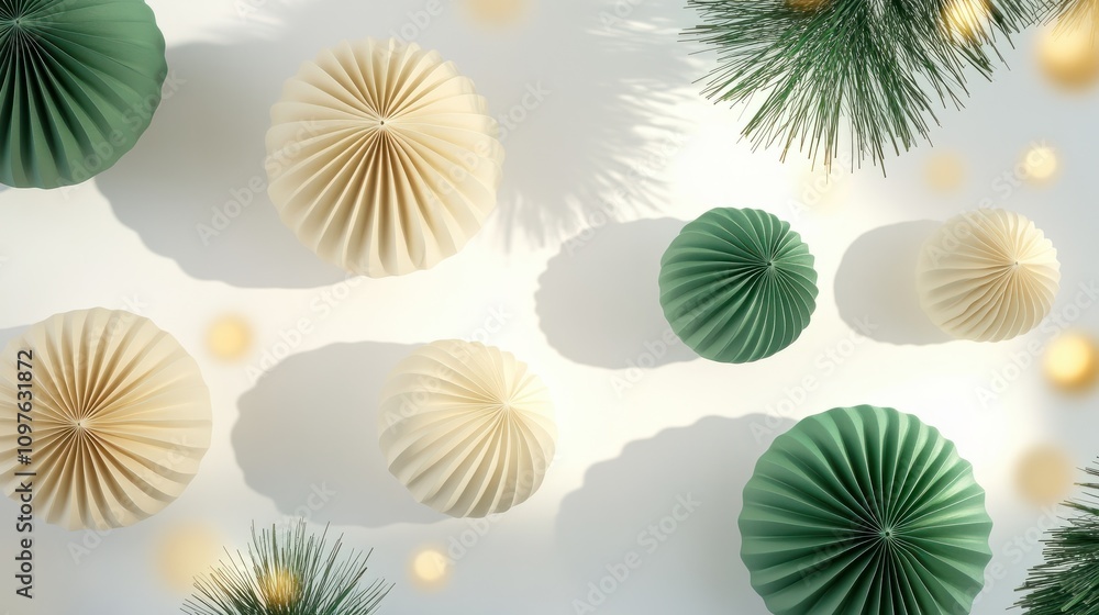 Minimal winter holidays top view composition with New Year paper festive ornaments cream beige balls, green Christmas Tree Ornament on light white background with golden bokeh light effects Minimal winter holidays top view composition with New Year paper festive ornaments cream beige balls, green Christmas Tree Ornament on light white background with golden bokeh light effects