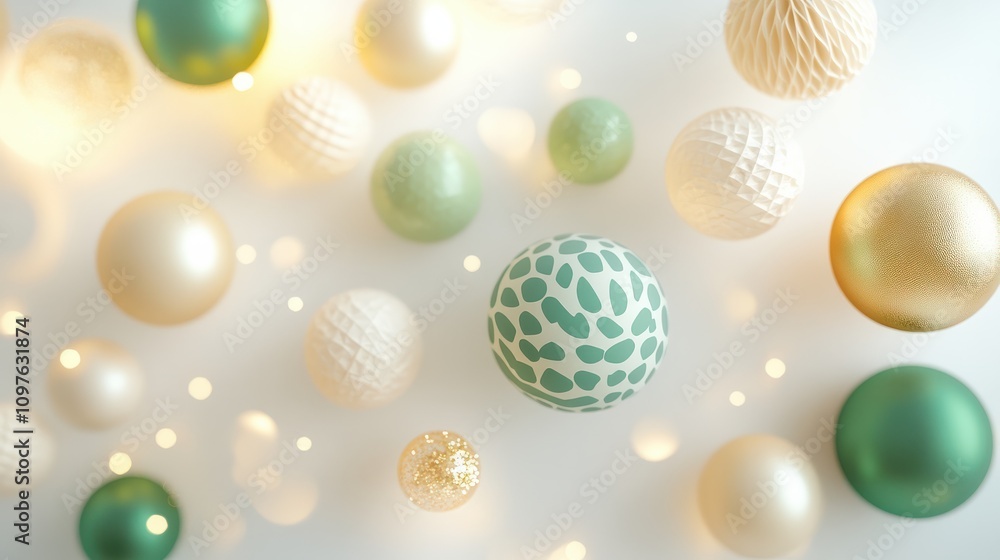 Minimal winter holidays top view composition with New Year paper festive ornaments cream beige balls, green Christmas Tree Ornament on light white background with golden bokeh light effects Minimal winter holidays top view composition with New Year paper festive ornaments cream beige balls, green Christmas Tree Ornament on light white background with golden bokeh light effects