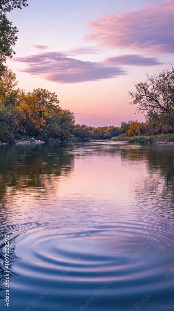 Obraz premium A tranquil dusk view of the Kaw River reflecting autumn colors and gentle ripples on the surface