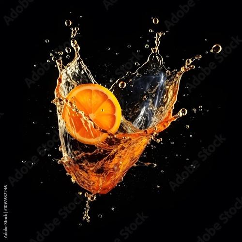 A splash of orange juice with a slice of orange, creating dynamic motion against a black background. photo