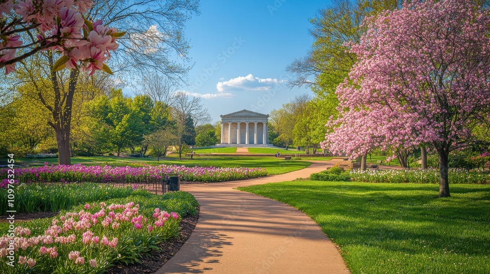 Obraz premium The Lincoln Memorial surrounded by blooming flowers and lush greenery on a bright spring day in Washington, D.C