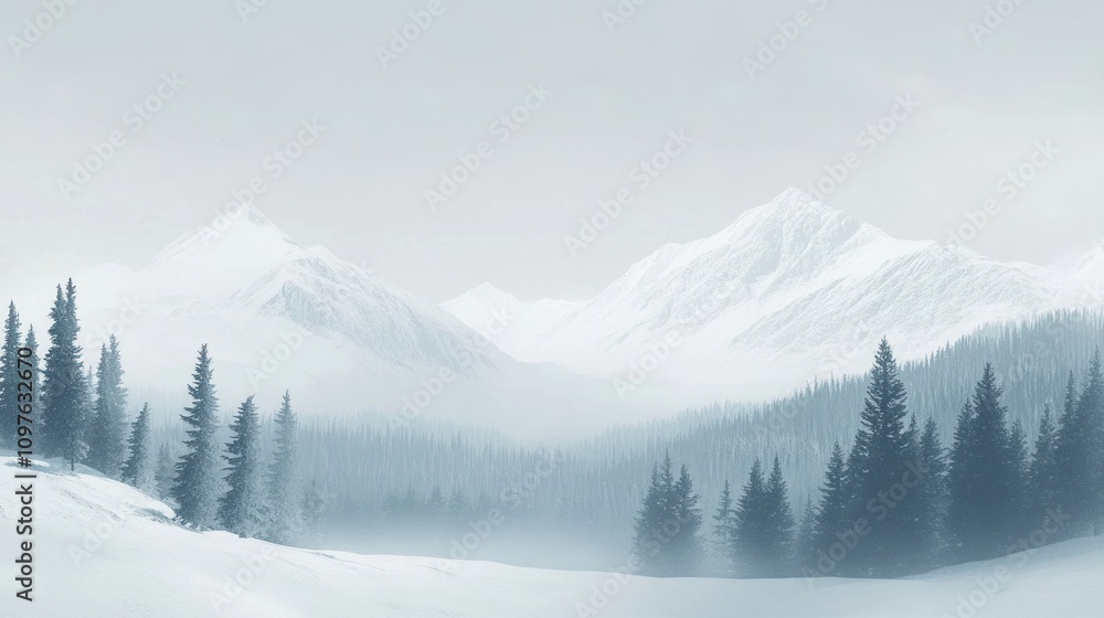 Fototapeta premium A foggy winter mountain landscape mountains trees snow.