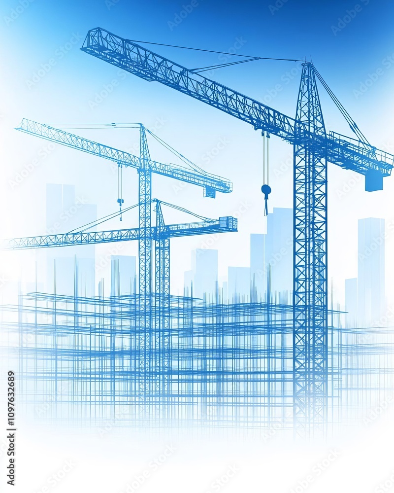 A digital artwork showcasing cranes against a city skyline in blue tones. A digital artwork showcasing cranes against a city skyline in blue tones.
