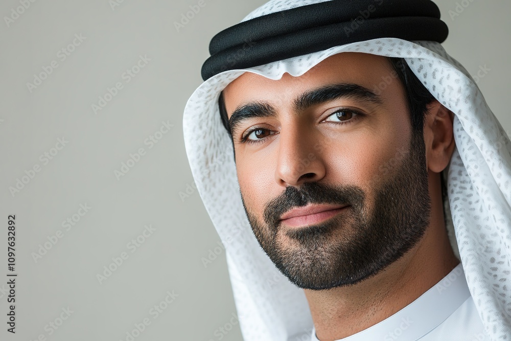 Confident Arab man in traditional attire with gentle smile. Confident Arab man in traditional attire with gentle smile.