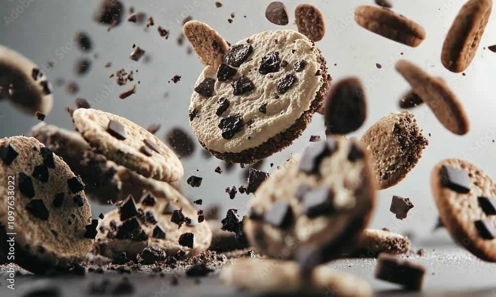 Cream-filled Chocolate Cookies Exploding in Mid-Air Cream-filled Chocolate Cookies Exploding in Mid-Air