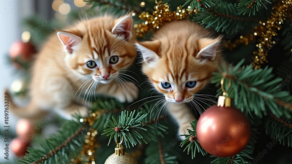 Adorable Kittens Playing on Christmas Tree, Festive Holiday Photo Adorable Kittens Playing on Christmas Tree, Festive Holiday Photo