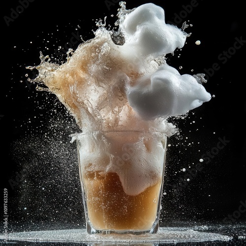 Mentos and soda reaction photographed dramatically, fizzy eruption frozen in time, playful and exciting