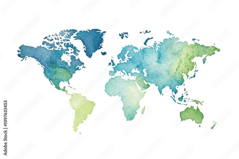 Fototapeta premium A watercolor world map showcasing various shades of blue and green, representing continents in an artistic style.