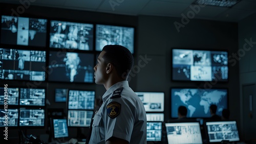 Vigilant Security Guard Monitoring CCTV Screens in Control Room – Low Angle, Blue-Toned Lighting