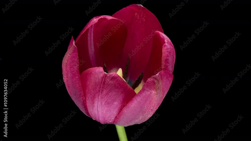 Timelapse of pink tulip flower blooming on black background, Timelapse of pink tulip flower blooming on black background,