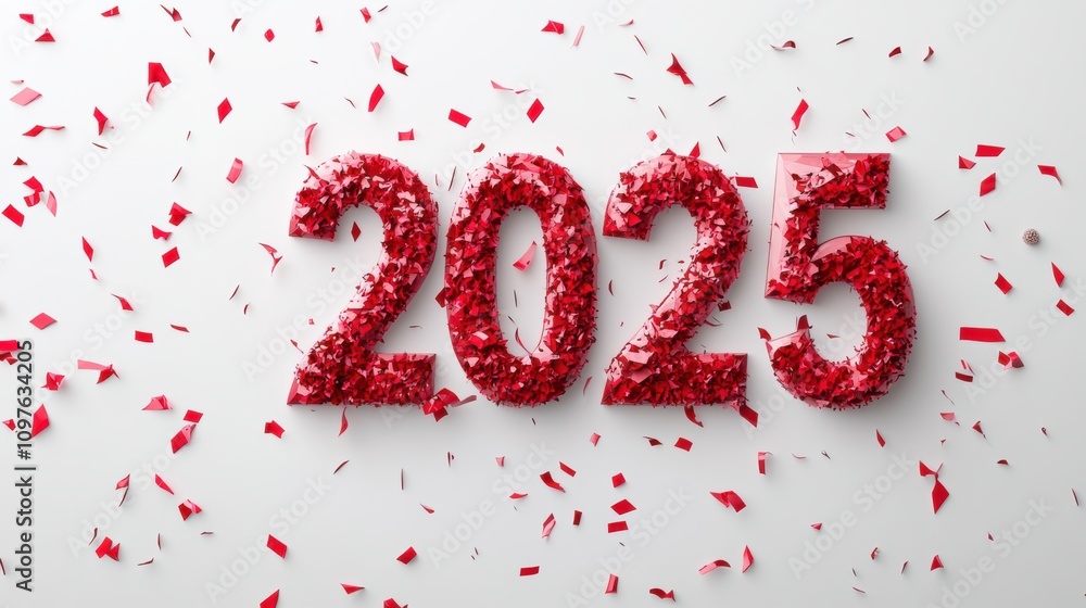 Celebratory Red Glittery Numbers 2025 with Exploding Paper Confetti Celebratory Red Glittery Numbers 2025 with Exploding Paper Confetti