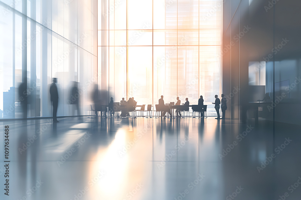 A modern office space with silhouettes of people in a meeting, illuminated by natural light. A modern office space with silhouettes of people in a meeting, illuminated by natural light.