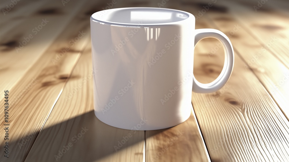Obraz premium A clean white coffee cup on a plain wooden surface with soft morning light