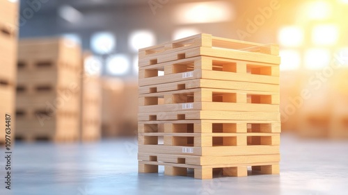 warehouse management 3d concept. A stack of wooden pallets in a warehouse, illuminated by soft light, showcasing their structure and arrangement in a storage environment.