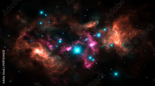 Wallpaper Mural A cluster of bright stars surrounded by glowing nebula clouds in orange and teal Torontodigital.ca