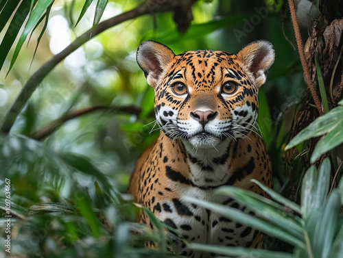 A sleek jaguarundi slinking through the jungle underbrush, its agile movements and alert posture highlighting its role as a stealthy predator. photo