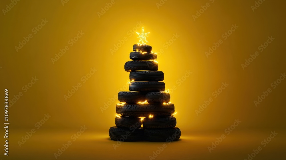 Obraz premium Unique Christmas tree made of stacked tires with glowing lights set against a bright yellow background