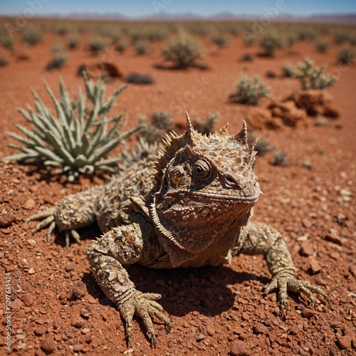 A horned lizard camouflaged against red desert soil.