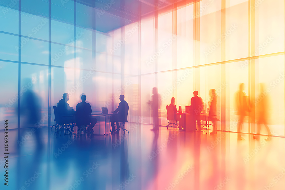 A modern office space with silhouettes of people engaged in discussions and meetings. A modern office space with silhouettes of people engaged in discussions and meetings.