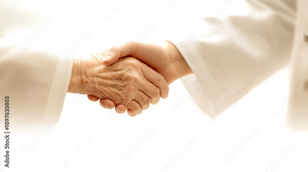 A heartwarming medical scene of an elderly patient and a doctor sharing a handshake A heartwarming medical scene of an elderly patient and a doctor sharing a handshake