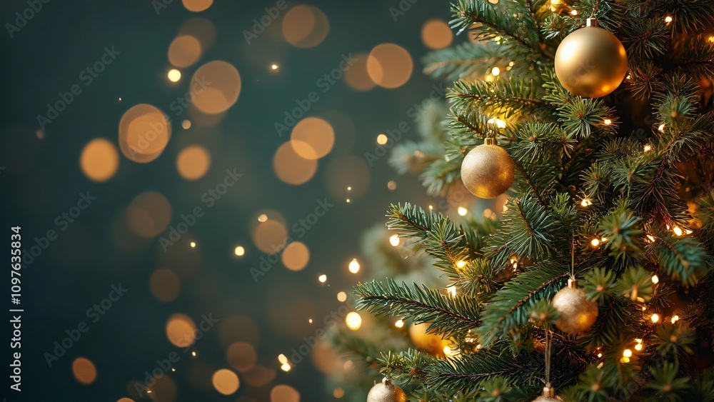 Close-up Christmas Tree, Golden & Green Ornaments, Bokeh Lights, Product Display Close-up Christmas Tree, Golden & Green Ornaments, Bokeh Lights, Product Display