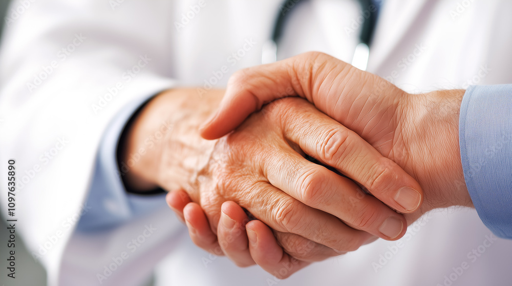 A heartwarming medical scene of an elderly patient and a doctor sharing a handshake A heartwarming medical scene of an elderly patient and a doctor sharing a handshake